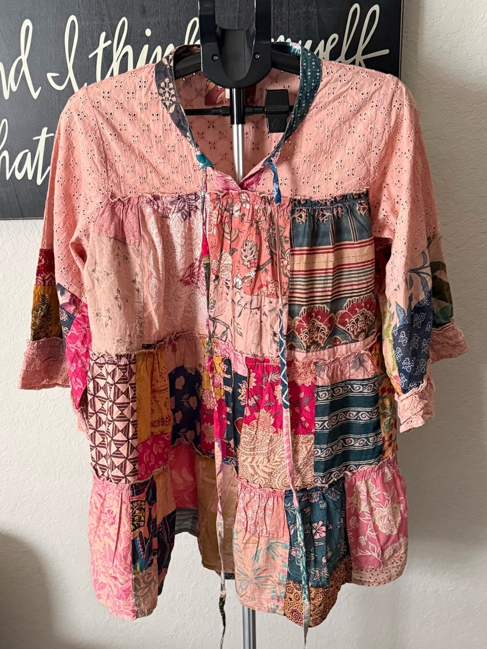 POL Pinky/Peach Patchwork Tunic with Multicolor Accents  NWOT
